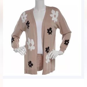 Hana + Gracie Taupe tan white Floral intarsia Open-Front Sweater Cardigan XL NWT
